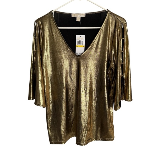 Michael Kors Women’s Blouse Size Medium Bell Cut Out Sleeves Brass Shimmer NWT - Picture 1 of 7